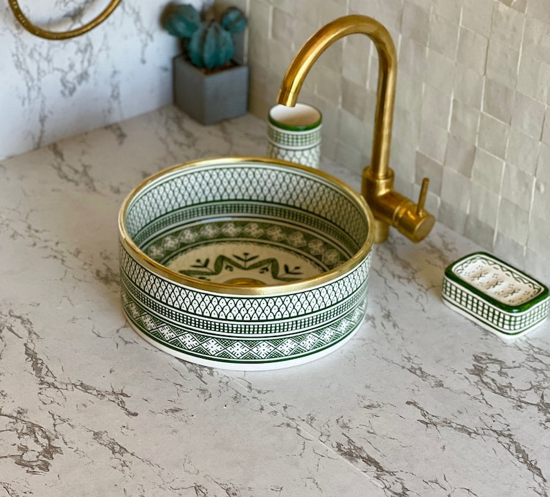 Handmade Moroccan Ceramic Sink Brass rim #99
